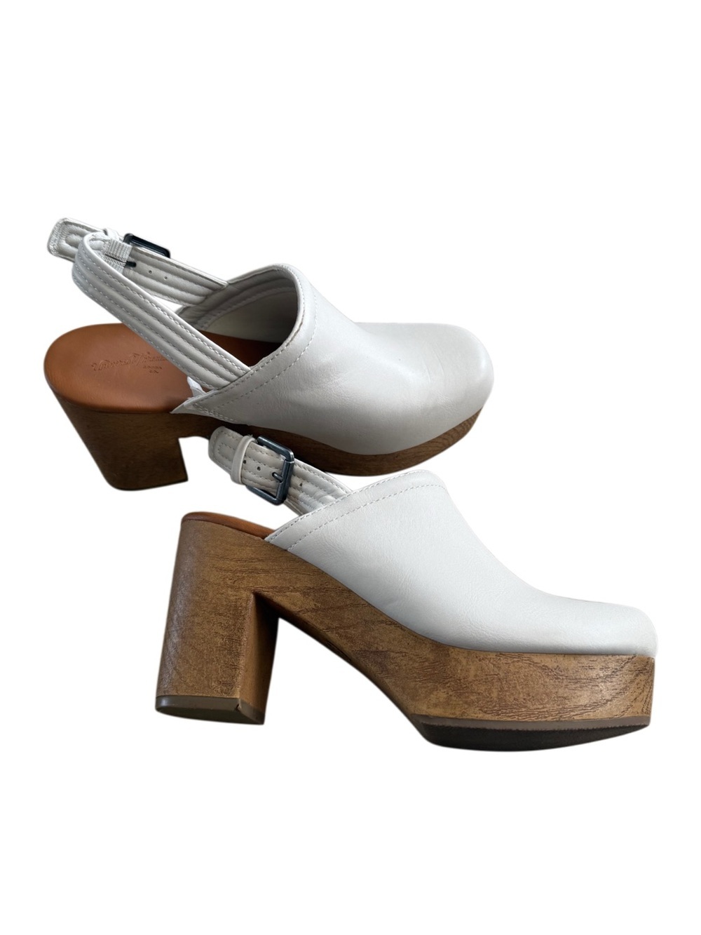 Y2K White Leather Slingback Clog Heels Wood Block Heel 6.5